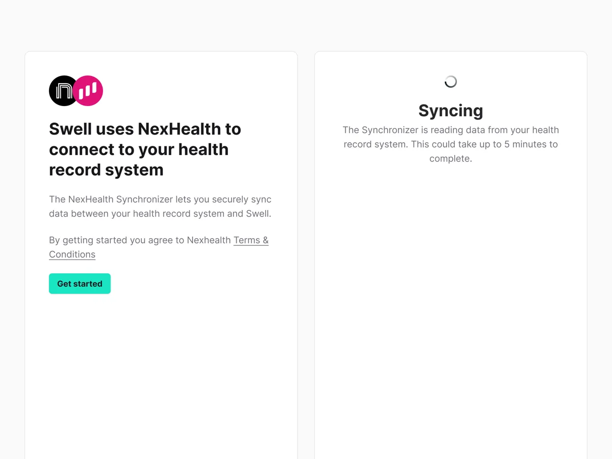 NexHealth Synchronizer onboarding screens: connect your health record system, then syncing