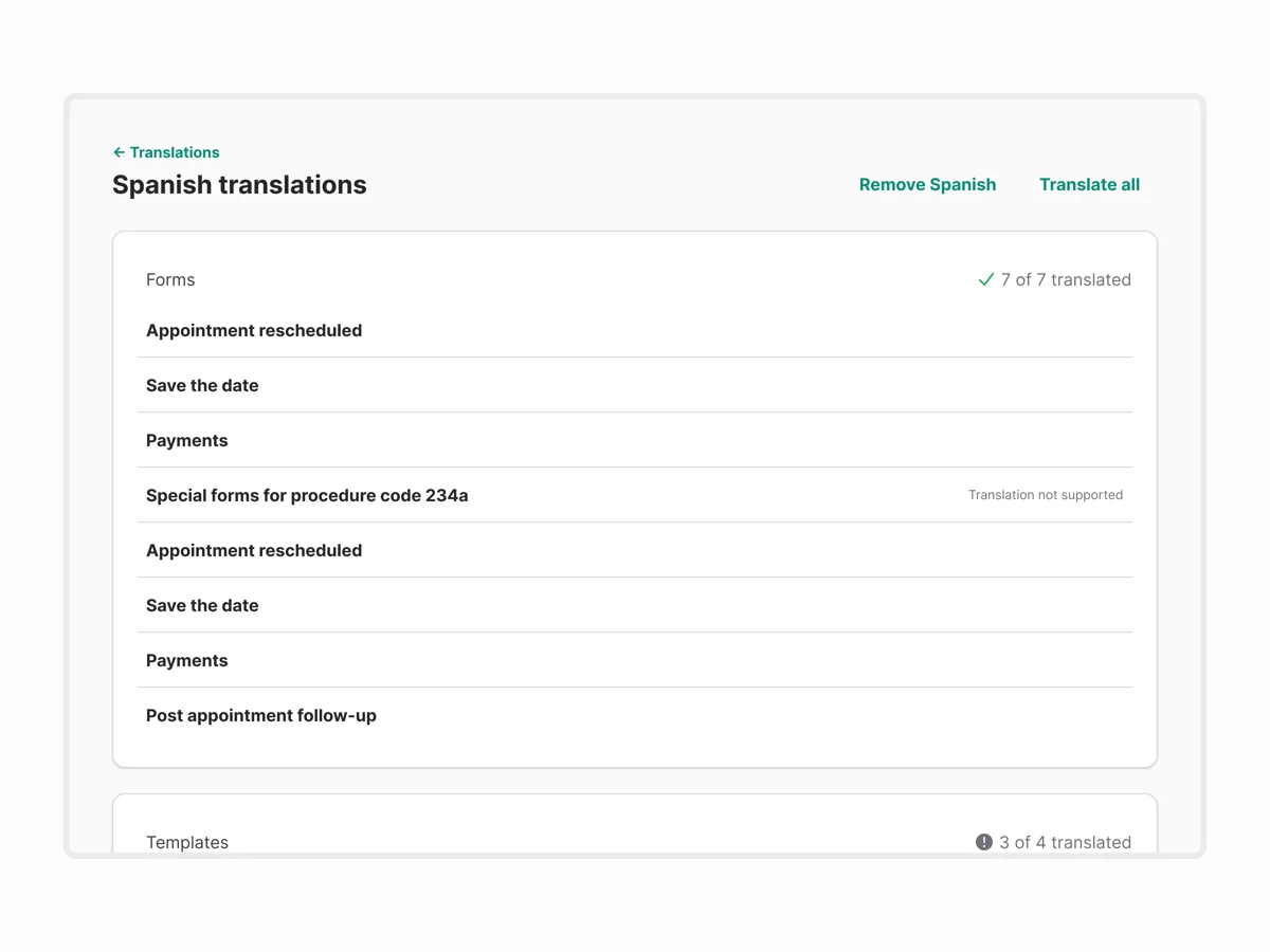 NexHealth Spanish translations screen showing forms and templates translation status