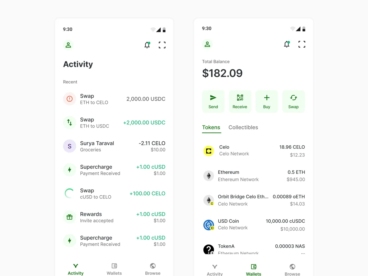 Valora wallet app: activity feed and wallet balance screens